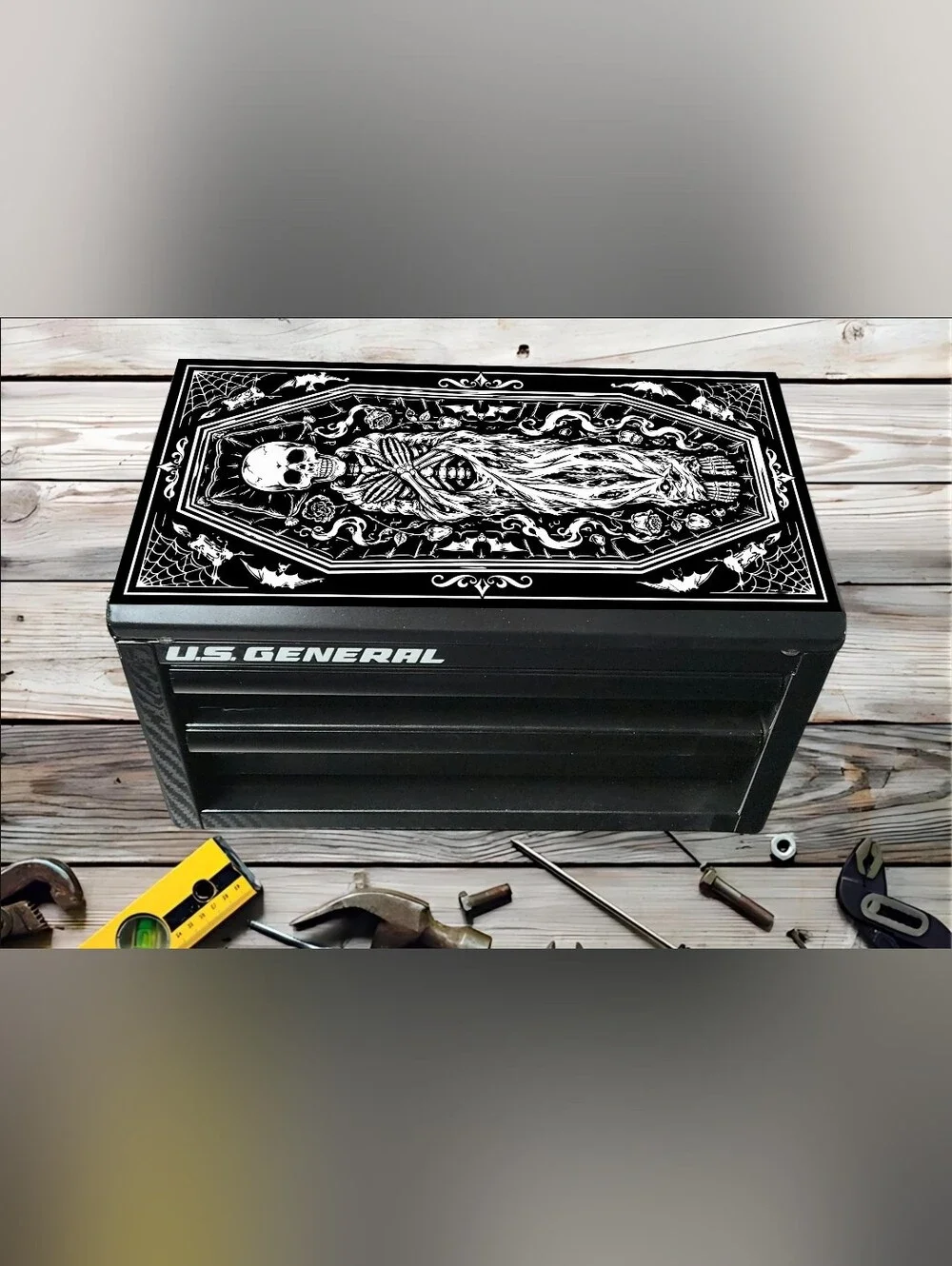 NEW Custom Laser engraved Mini Metal tool box Coffin Goth Skull Skeleton Black